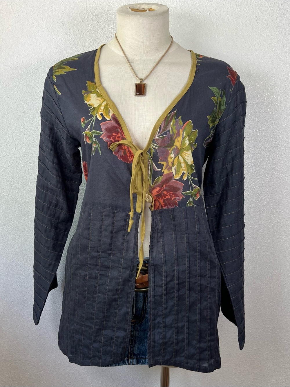 Bohemian Floral Tie-Front Navy Blue Blouse with Green Trim
